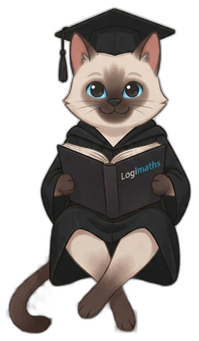 Mascotte LOGIMATHS en toge, assise au bord du cadre